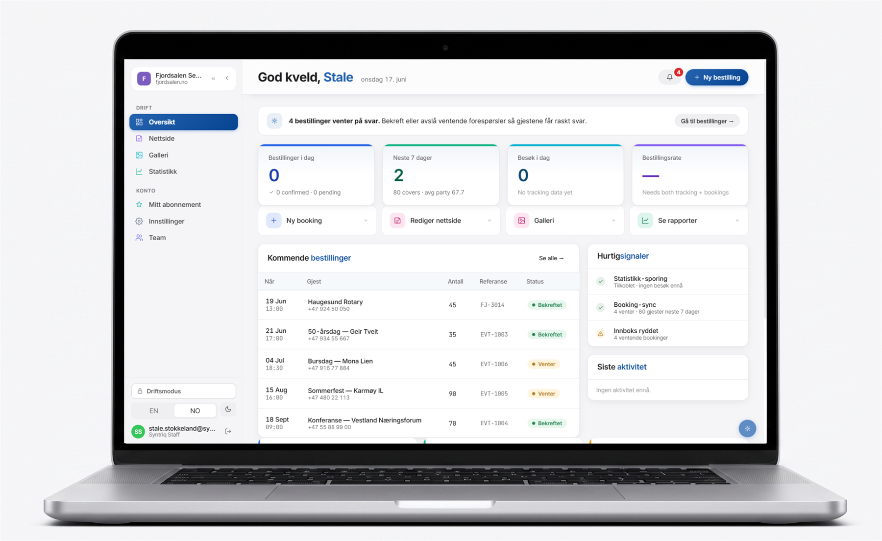 Syntriq-portalen for utleie & booking vist på en laptop