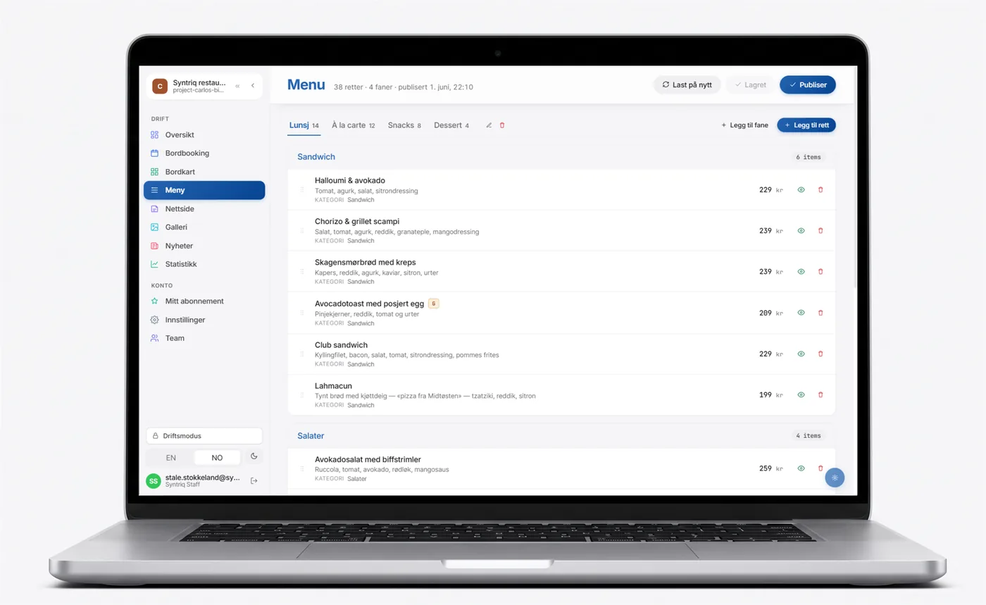 Syntriq-portalen: meny og katalog